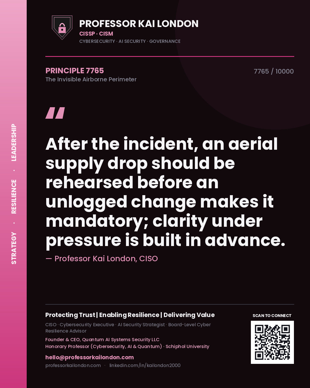 Professor Kai London principle 7765: After the incident, an aerial supply drop should be rehearsed before an unlogged change makes it mandatory; clarity under pressure is built in advance.