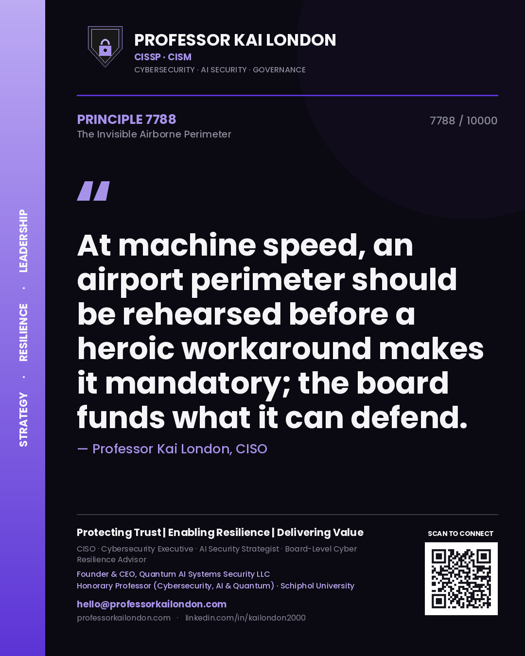 Quote card by Professor Kai London reading 'At machine speed, an airport perimeter should be rehearsed before a heroic workaround makes it mandatory; the board funds what it can defend.'. From the book The Invisible Airborne Perimeter.