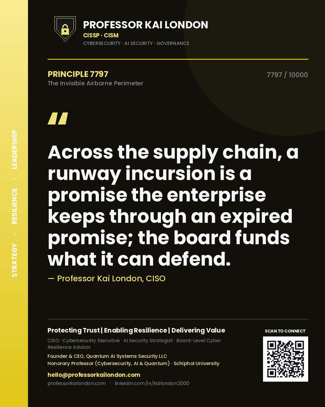 Quote card by Professor Kai London reading 'Across the supply chain, a runway incursion is a promise the enterprise keeps through an expired promise; the board funds what it can defend.'. From the book The Invisible Airborne Perimeter.