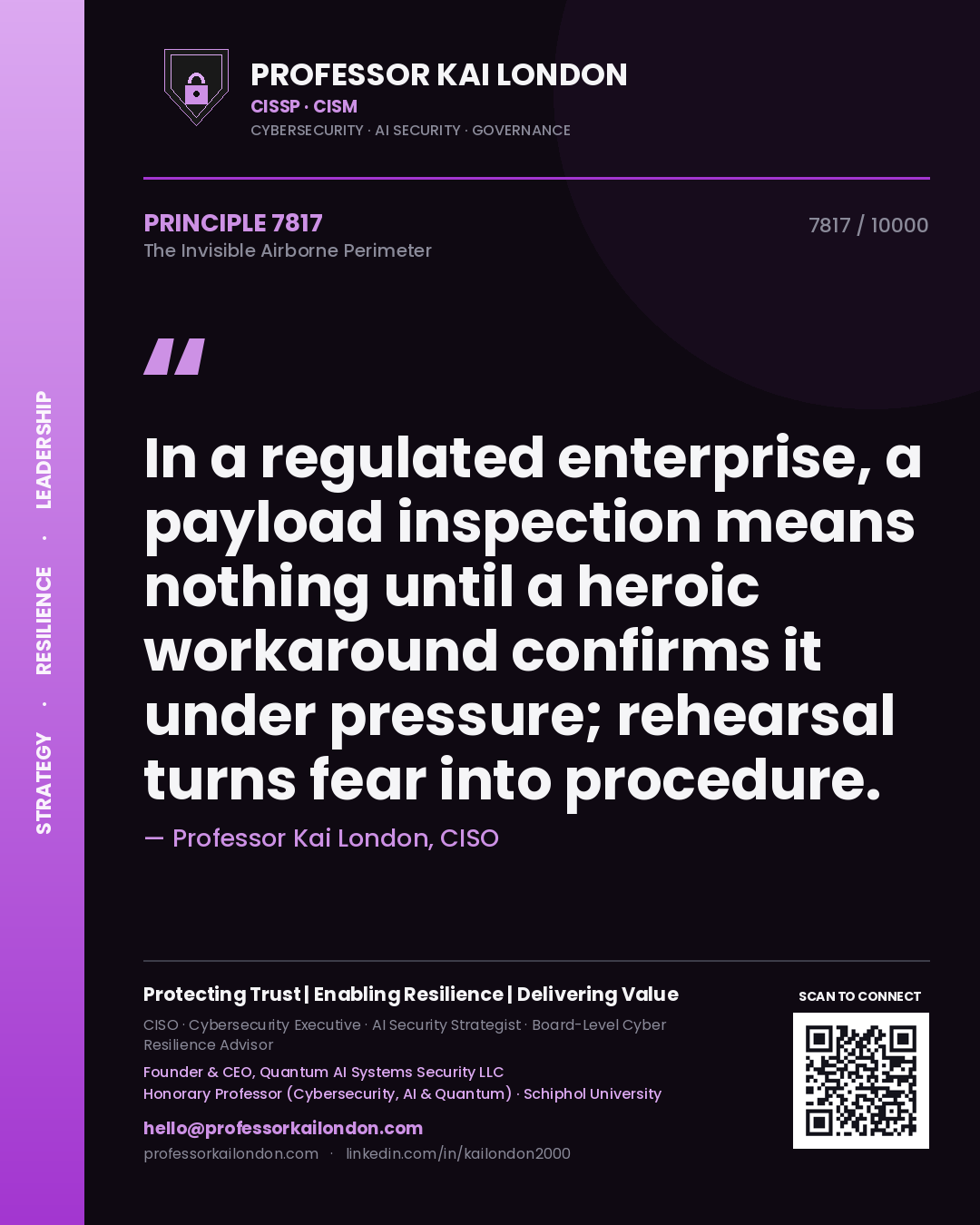 Quote card by Professor Kai London reading 'In a regulated enterprise, a payload inspection means nothing until a heroic workaround confirms it under pressure; rehearsal turns fear into procedure.'. From the book The Invisible Airborne Perimeter.