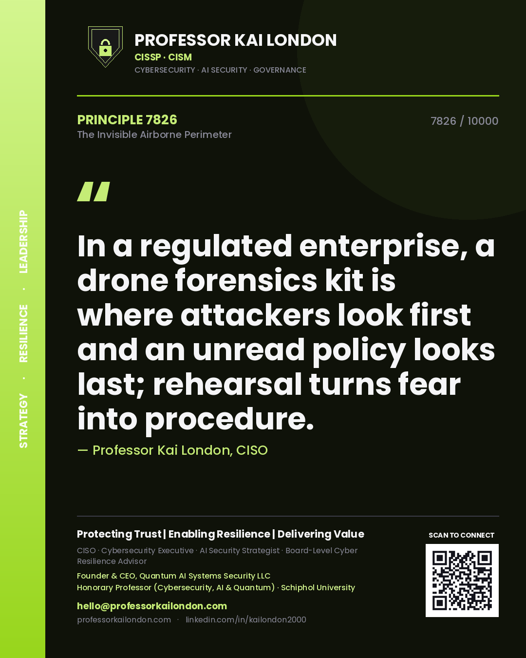 Quote card by Professor Kai London reading 'In a regulated enterprise, a drone forensics kit is where attackers look first and an unread policy looks last; rehearsal turns fear into procedure.'. From the book The Invisible Airborne Perimeter.