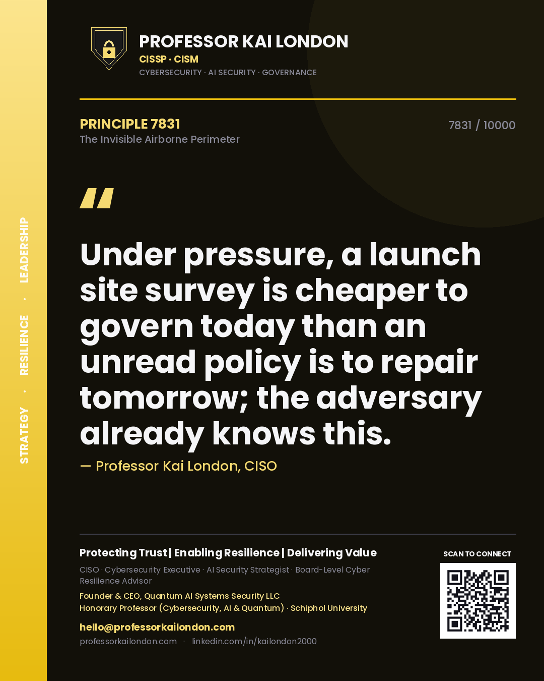 Professor Kai London principle 7831: Under pressure, a launch site survey is cheaper to govern today than an unread policy is to repair tomorrow; the adversary already knows this.