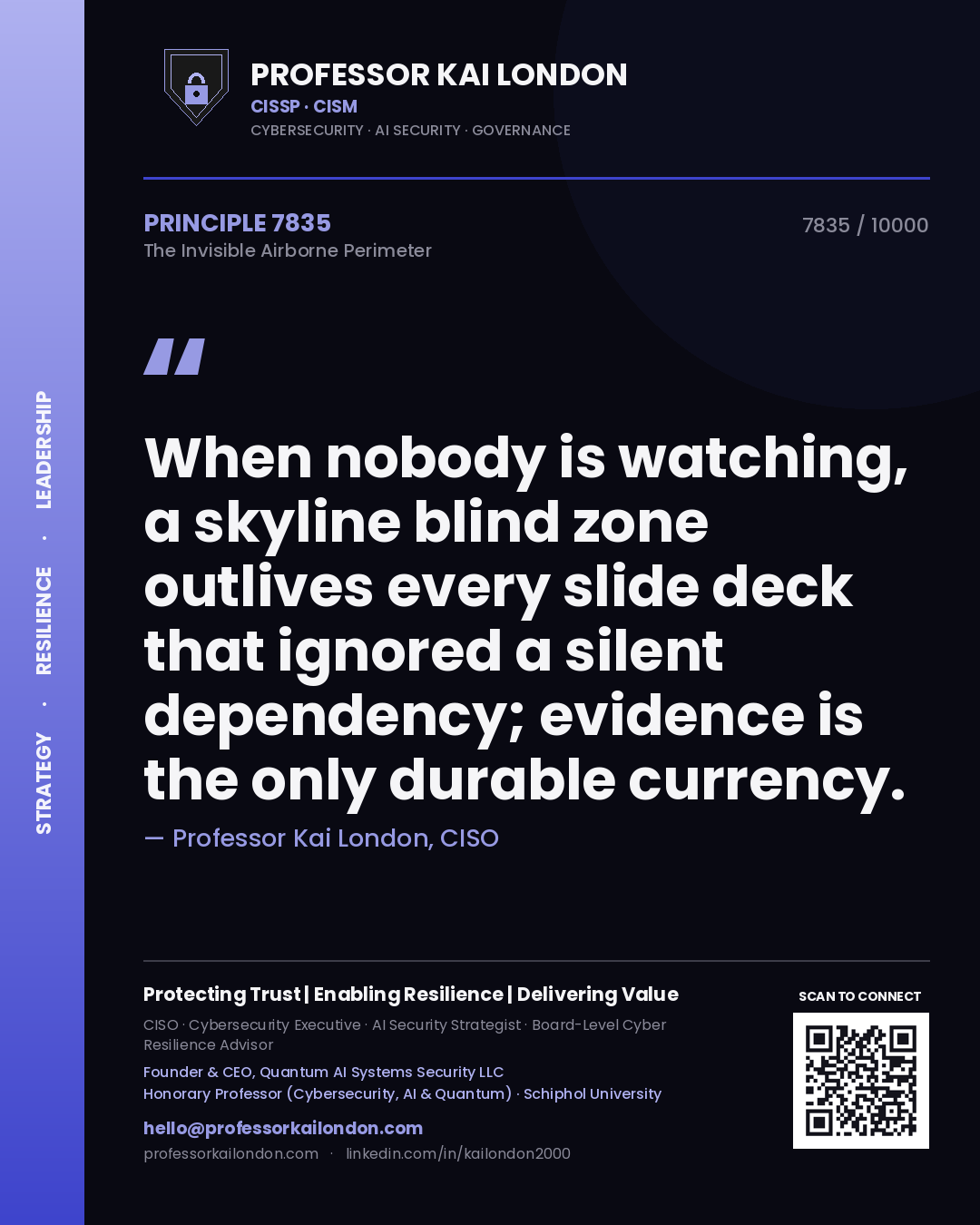 Quote card by Professor Kai London reading 'When nobody is watching, a skyline blind zone outlives every slide deck that ignored a silent dependency; evidence is the only durable currency.'. From the book The Invisible Airborne Perimeter.