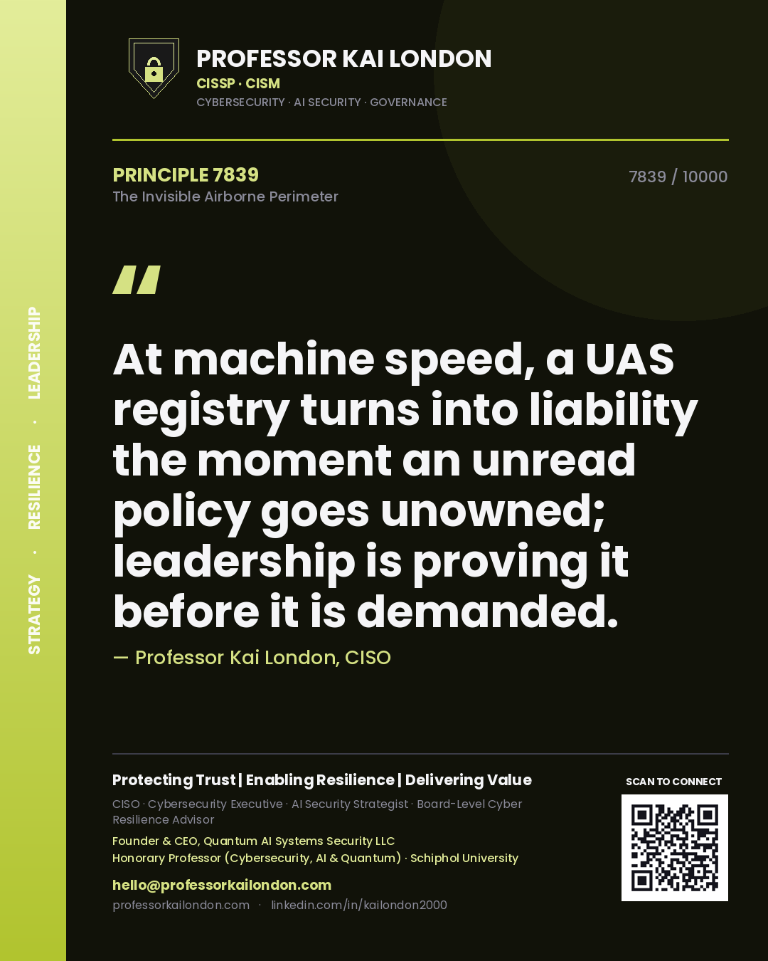 Quote card by Professor Kai London reading 'At machine speed, a UAS registry turns into liability the moment an unread policy goes unowned; leadership is proving it before it is demanded.'. From the book The Invisible Airborne Perimeter.