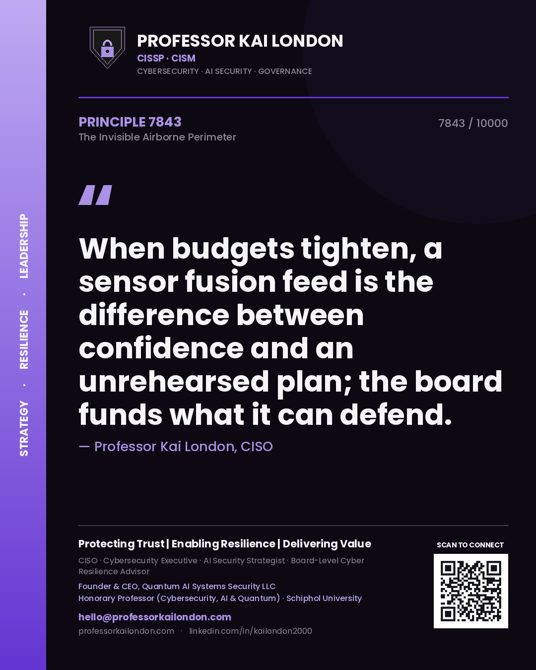 Quote card by Professor Kai London reading 'When budgets tighten, a sensor fusion feed is the difference between confidence and an unrehearsed plan; the board funds what it can defend.'. From the book The Invisible Airborne Perimeter.