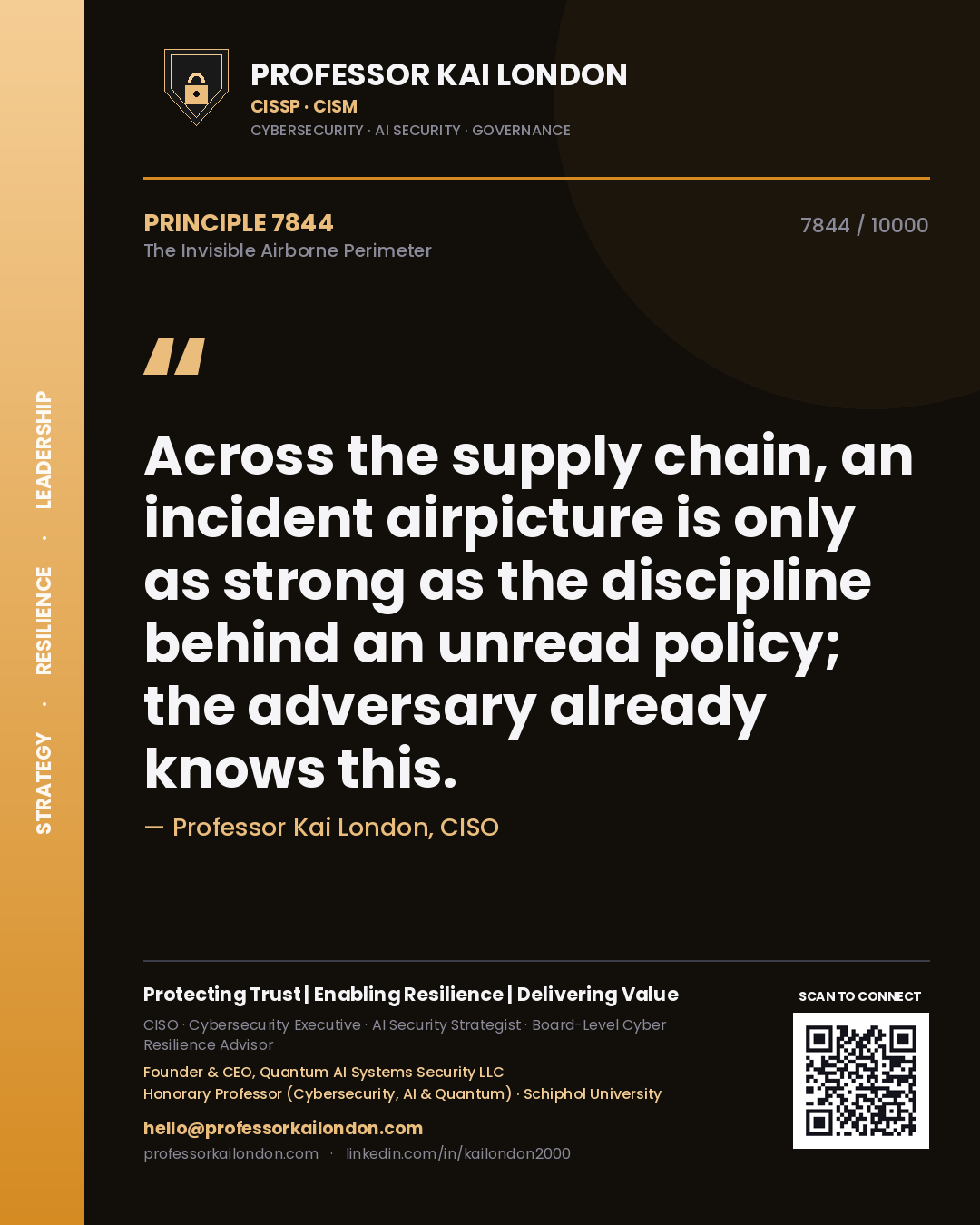 Quote card by Professor Kai London reading 'Across the supply chain, an incident airpicture is only as strong as the discipline behind an unread policy; the adversary already knows this.'. From the book The Invisible Airborne Perimeter.