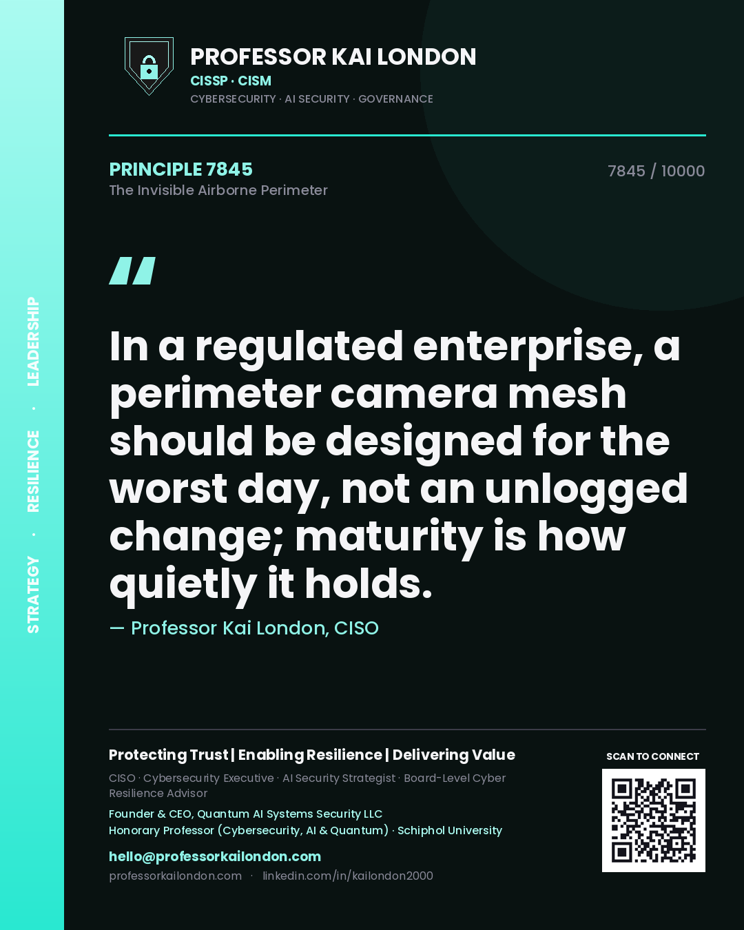 Professor Kai London principle 7845: In a regulated enterprise, a perimeter camera mesh should be designed for the worst day, not an unlogged change; maturity is how quietly it holds.