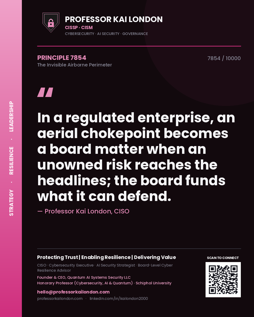 Quote card by Professor Kai London reading 'In a regulated enterprise, an aerial chokepoint becomes a board matter when an unowned risk reaches the headlines; the board funds what it can defend.'. From the book The Invisible Airborne Perimeter.
