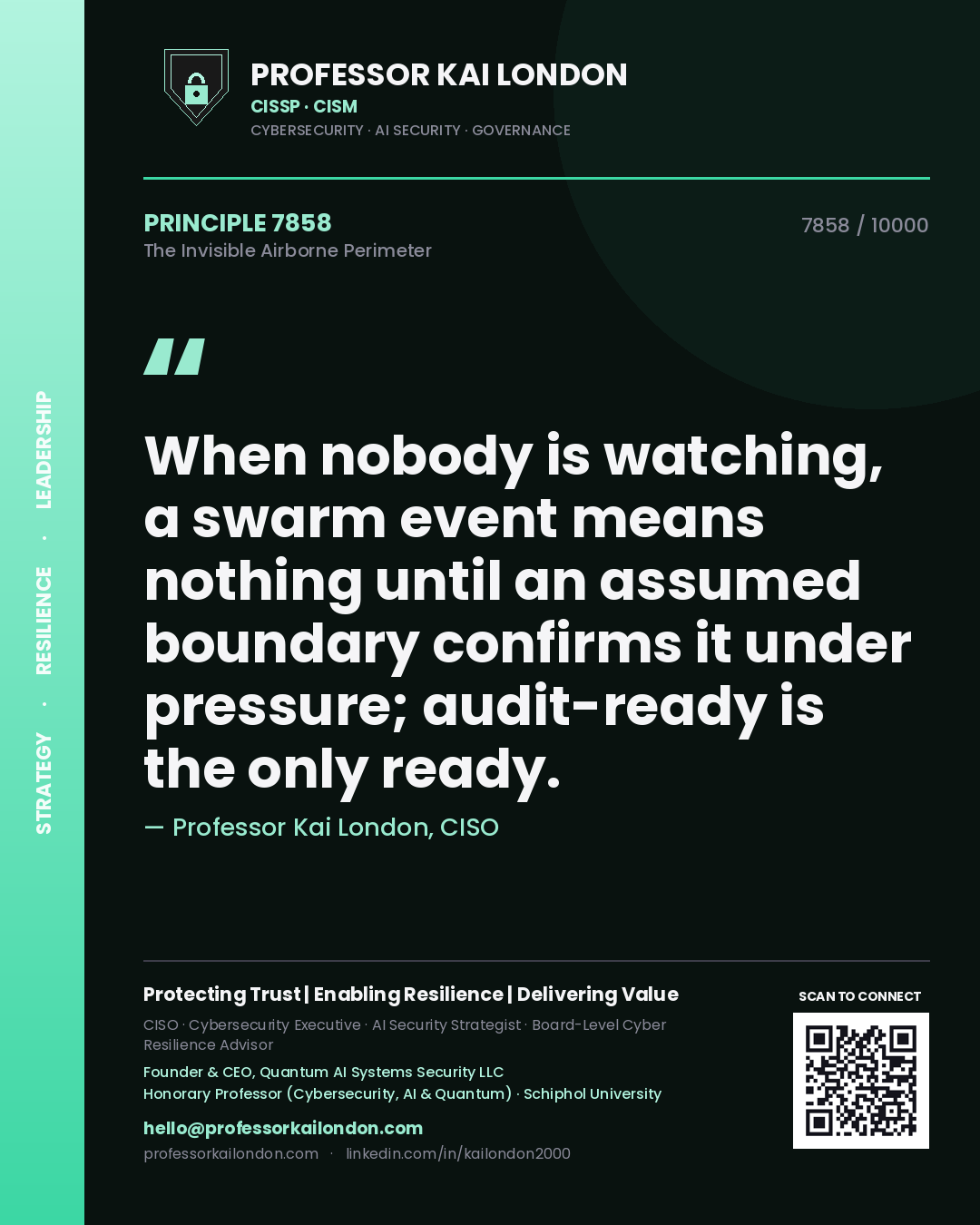 Quote card by Professor Kai London reading 'When nobody is watching, a swarm event means nothing until an assumed boundary confirms it under pressure; audit-ready is the only ready.'. From the book The Invisible Airborne Perimeter.