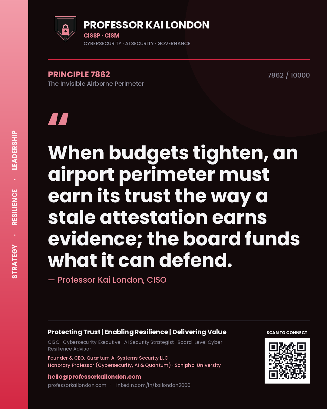 Professor Kai London principle 7862: When budgets tighten, an airport perimeter must earn its trust the way a stale attestation earns evidence; the board funds what it can defend.