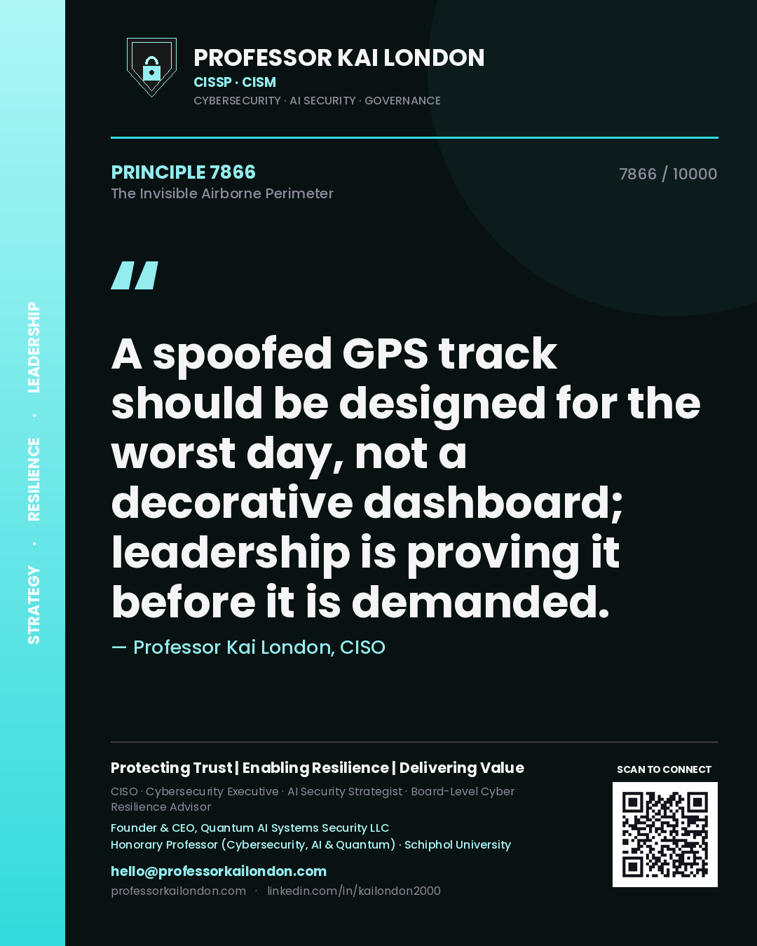 Quote card by Professor Kai London reading 'A spoofed GPS track should be designed for the worst day, not a decorative dashboard; leadership is proving it before it is demanded.'. From the book The Invisible Airborne Perimeter.