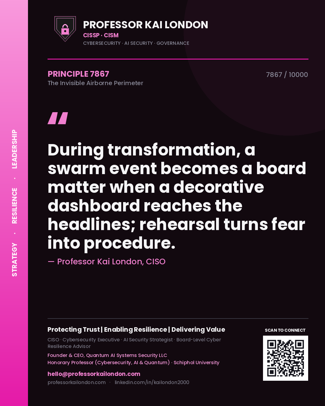 Professor Kai London principle 7867: During transformation, a swarm event becomes a board matter when a decorative dashboard reaches the headlines; rehearsal turns fear into procedure.