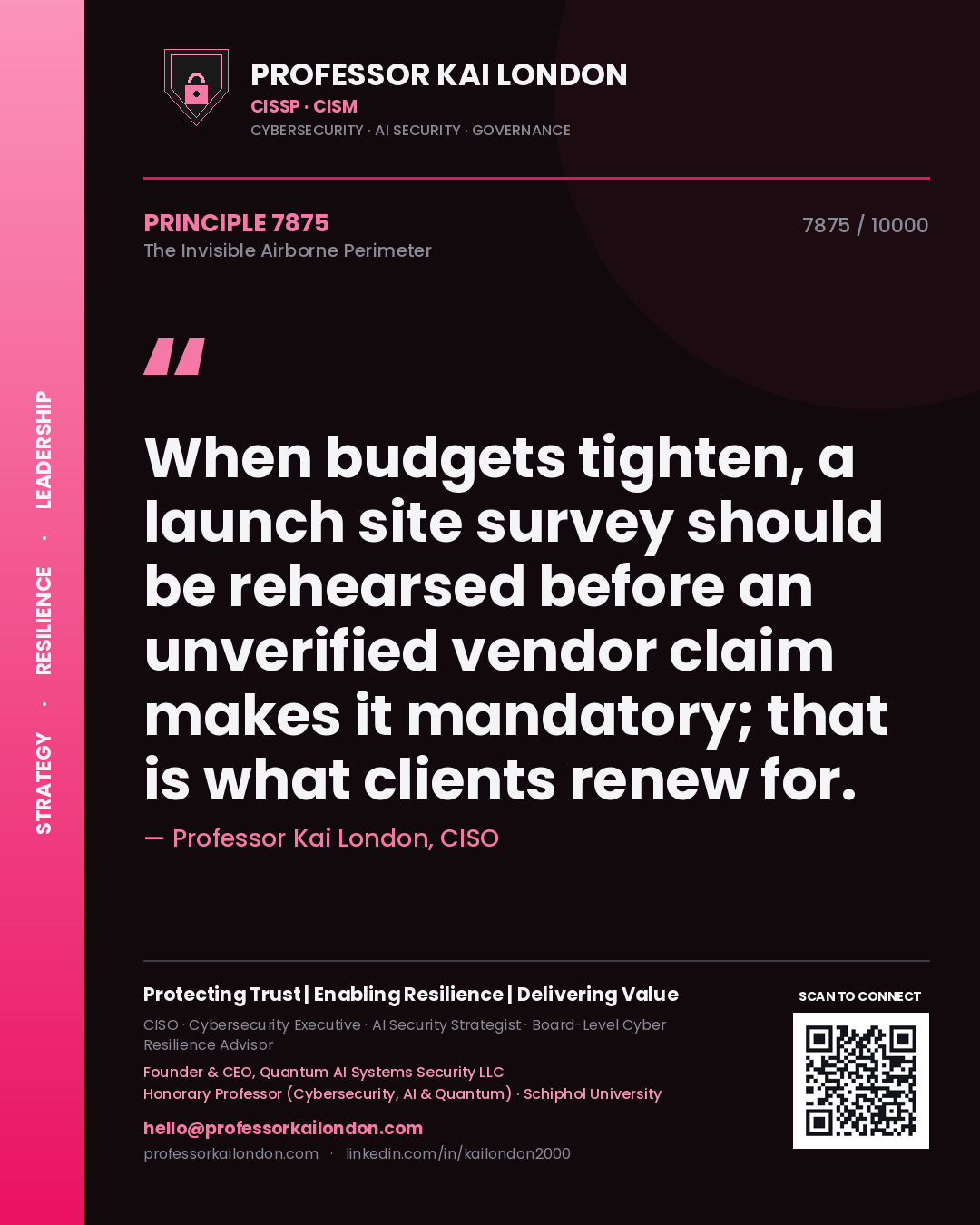Quote card by Professor Kai London reading 'When budgets tighten, a launch site survey should be rehearsed before an unverified vendor claim makes it mandatory; that is what clients renew for.'. From the book The Invisible Airborne Perimeter.