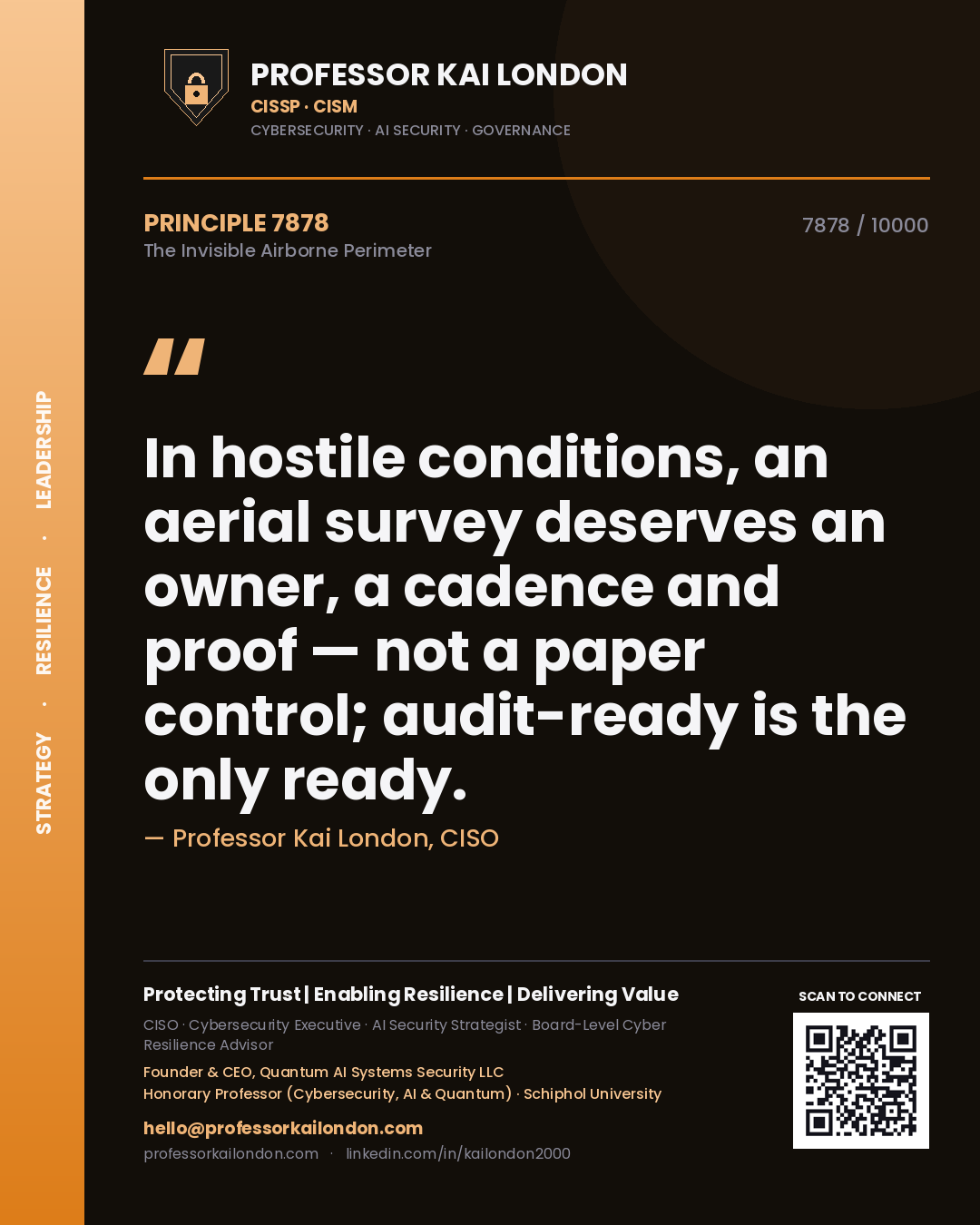 Quote card by Professor Kai London reading 'In hostile conditions, an aerial survey deserves an owner, a cadence and proof — not a paper control; audit-ready is the only ready.'. From the book The Invisible Airborne Perimeter.