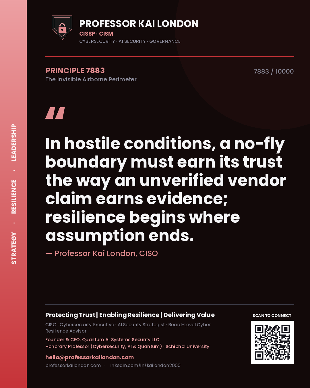 Professor Kai London principle 7883: In hostile conditions, a no-fly boundary must earn its trust the way an unverified vendor claim earns evidence; resilience begins where assumption ends.