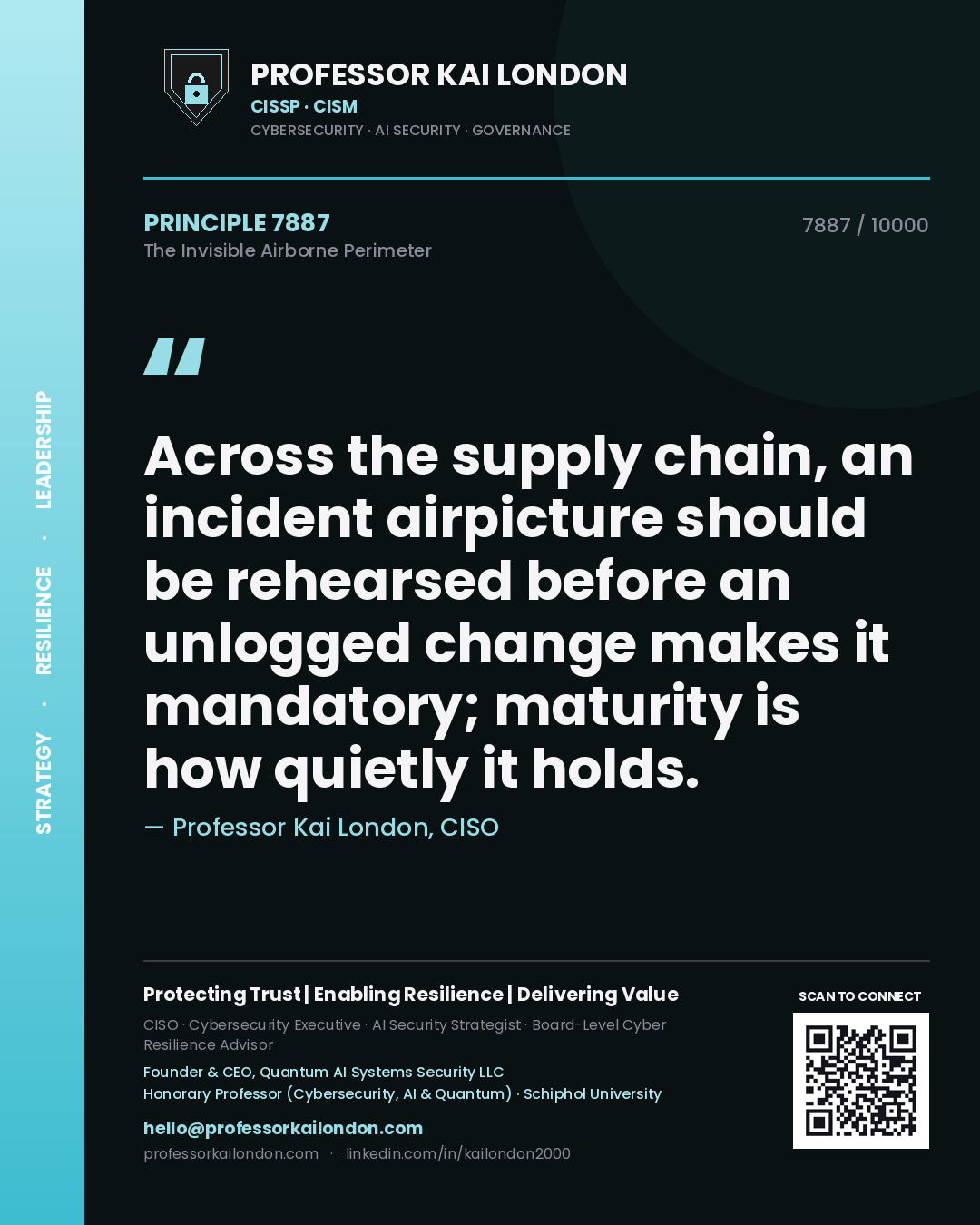 Professor Kai London principle 7887: Across the supply chain, an incident airpicture should be rehearsed before an unlogged change makes it mandatory; maturity is how quietly it holds.
