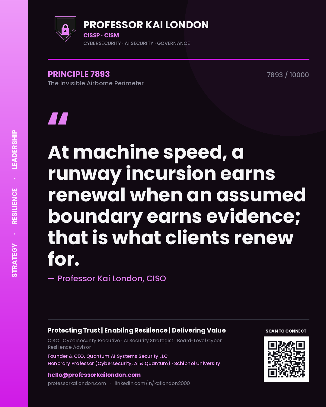 Quote card by Professor Kai London reading 'At machine speed, a runway incursion earns renewal when an assumed boundary earns evidence; that is what clients renew for.'. From the book The Invisible Airborne Perimeter.