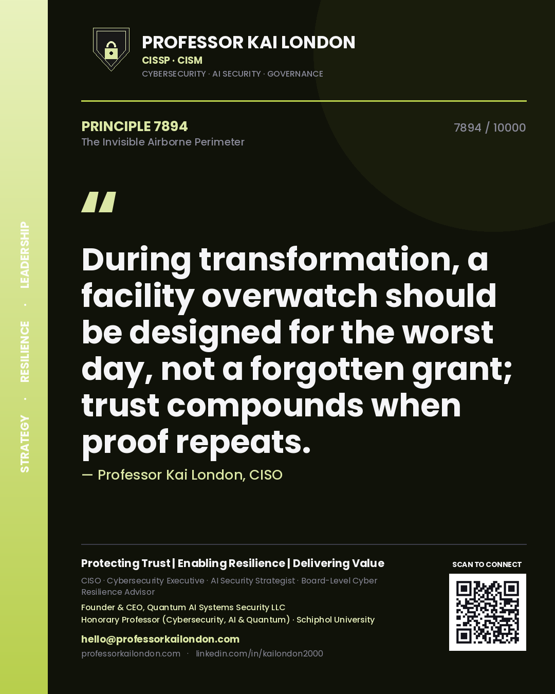 Quote card by Professor Kai London reading 'During transformation, a facility overwatch should be designed for the worst day, not a forgotten grant; trust compounds when proof repeats.'. From the book The Invisible Airborne Perimeter.
