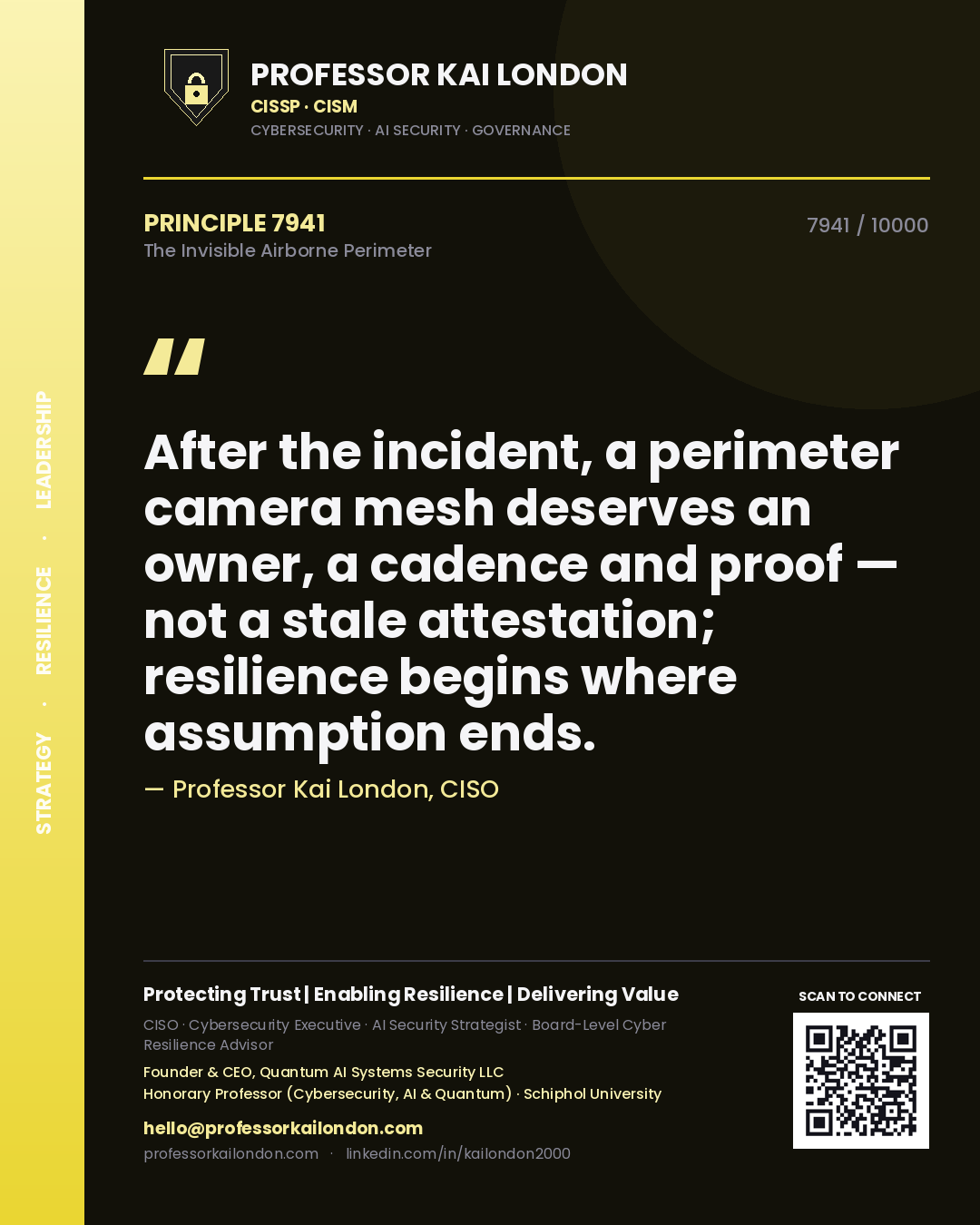 Quote card by Professor Kai London reading 'After the incident, a perimeter camera mesh deserves an owner, a cadence and proof — not a stale attestation; resilience begins where assumption ends.'. From the book The Invisible Airborne Perimeter.