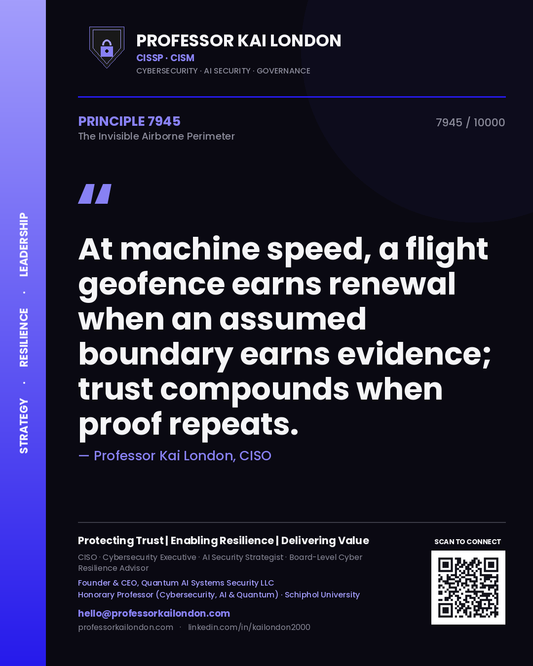 Professor Kai London principle 7945: At machine speed, a flight geofence earns renewal when an assumed boundary earns evidence; trust compounds when proof repeats.