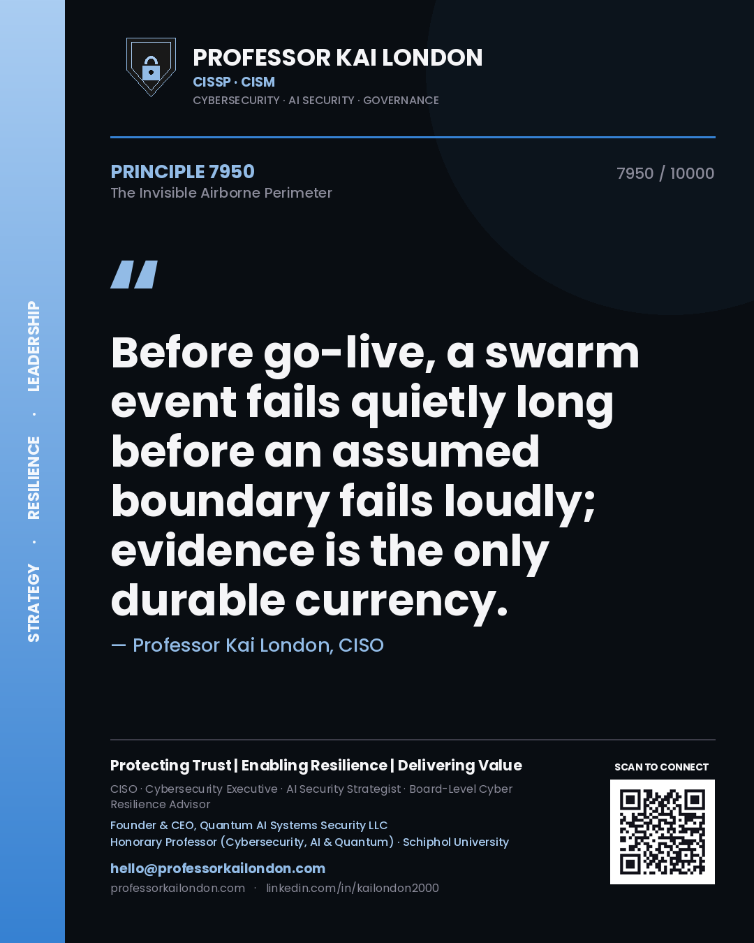 Professor Kai London principle 7950: Before go-live, a swarm event fails quietly long before an assumed boundary fails loudly; evidence is the only durable currency.