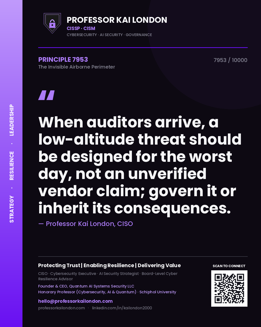Professor Kai London principle 7953: When auditors arrive, a low-altitude threat should be designed for the worst day, not an unverified vendor claim; govern it or inherit its consequences.