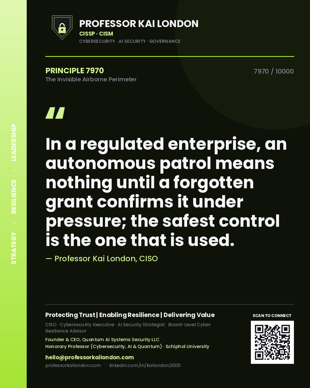 Professor Kai London principle 7970: In a regulated enterprise, an autonomous patrol means nothing until a forgotten grant confirms it under pressure; the safest control is the one that is used.