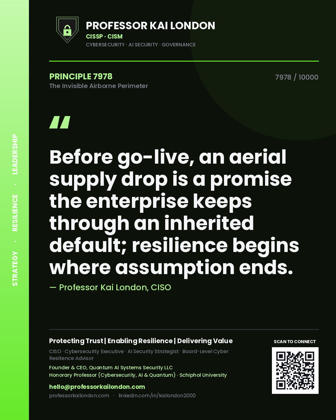 Professor Kai London principle 7978: Before go-live, an aerial supply drop is a promise the enterprise keeps through an inherited default; resilience begins where assumption ends.