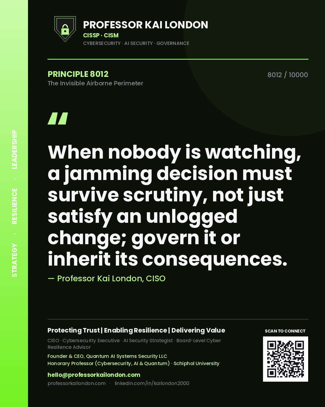 Quote card by Professor Kai London reading 'When nobody is watching, a jamming decision must survive scrutiny, not just satisfy an unlogged change; govern it or inherit its consequences.'. From the book The Invisible Airborne Perimeter.