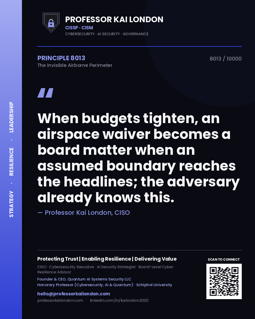 Quote card by Professor Kai London reading 'When budgets tighten, an airspace waiver becomes a board matter when an assumed boundary reaches the headlines; the adversary already knows this.'. From the book The Invisible Airborne Perimeter.