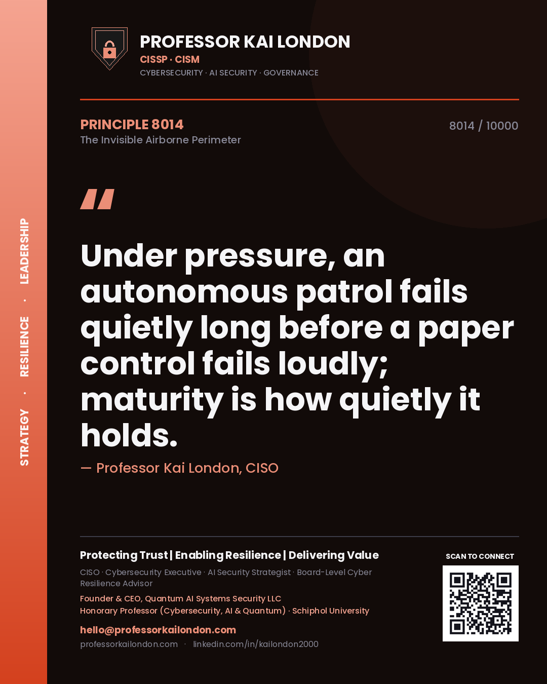 Professor Kai London principle 8014: Under pressure, an autonomous patrol fails quietly long before a paper control fails loudly; maturity is how quietly it holds.