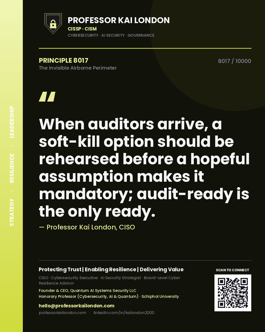Professor Kai London principle 8017: When auditors arrive, a soft-kill option should be rehearsed before a hopeful assumption makes it mandatory; audit-ready is the only ready.