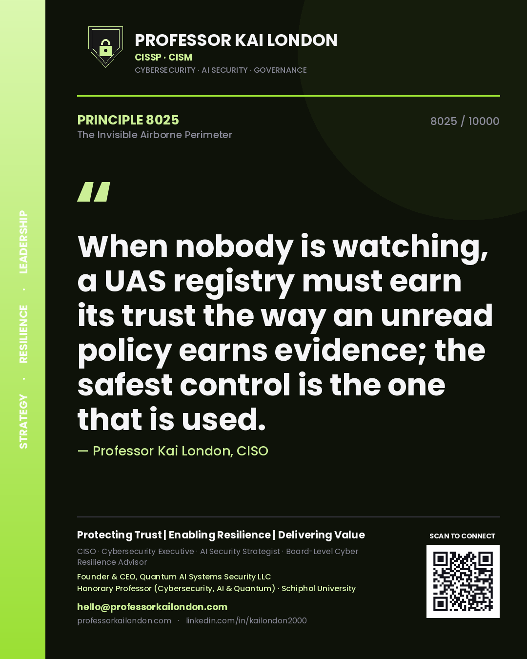 Quote card by Professor Kai London reading 'When nobody is watching, a UAS registry must earn its trust the way an unread policy earns evidence; the safest control is the one that is used.'. From the book The Invisible Airborne Perimeter.
