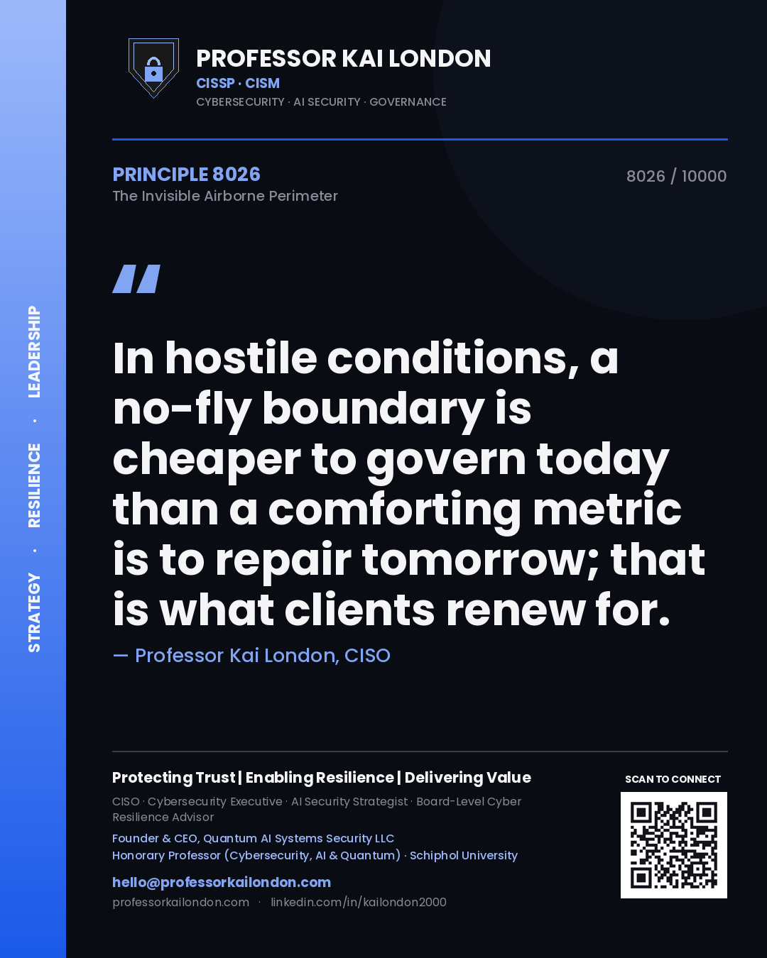 Professor Kai London principle 8026: In hostile conditions, a no-fly boundary is cheaper to govern today than a comforting metric is to repair tomorrow; that is what clients renew for.