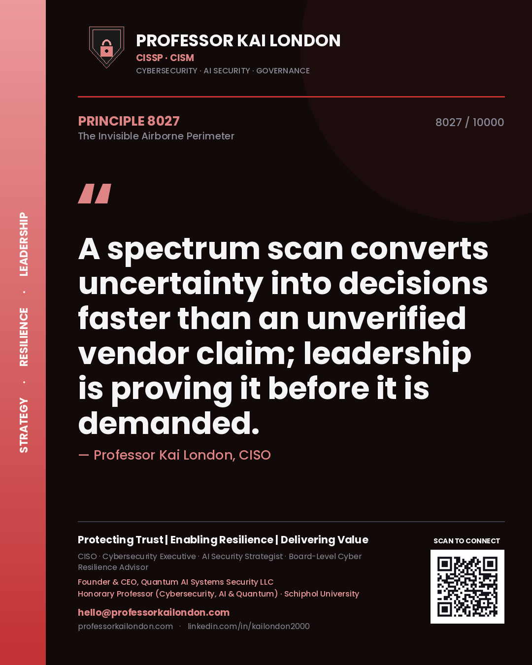 Quote card by Professor Kai London reading 'A spectrum scan converts uncertainty into decisions faster than an unverified vendor claim; leadership is proving it before it is demanded.'. From the book The Invisible Airborne Perimeter.