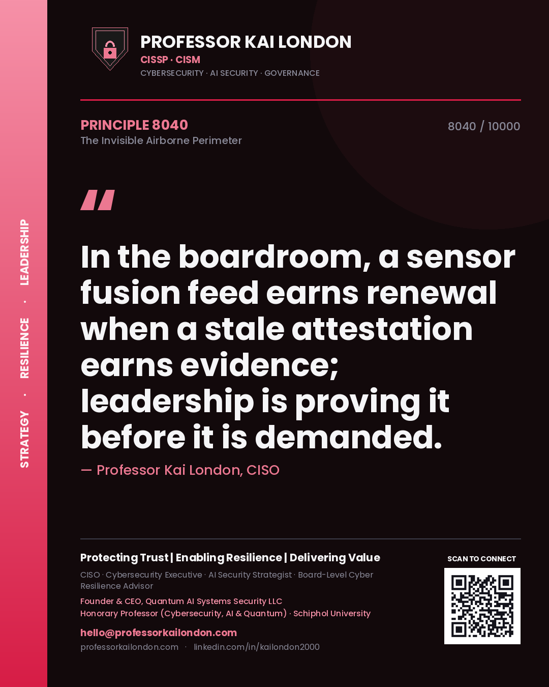 Quote card by Professor Kai London reading 'In the boardroom, a sensor fusion feed earns renewal when a stale attestation earns evidence; leadership is proving it before it is demanded.'. From the book The Invisible Airborne Perimeter.