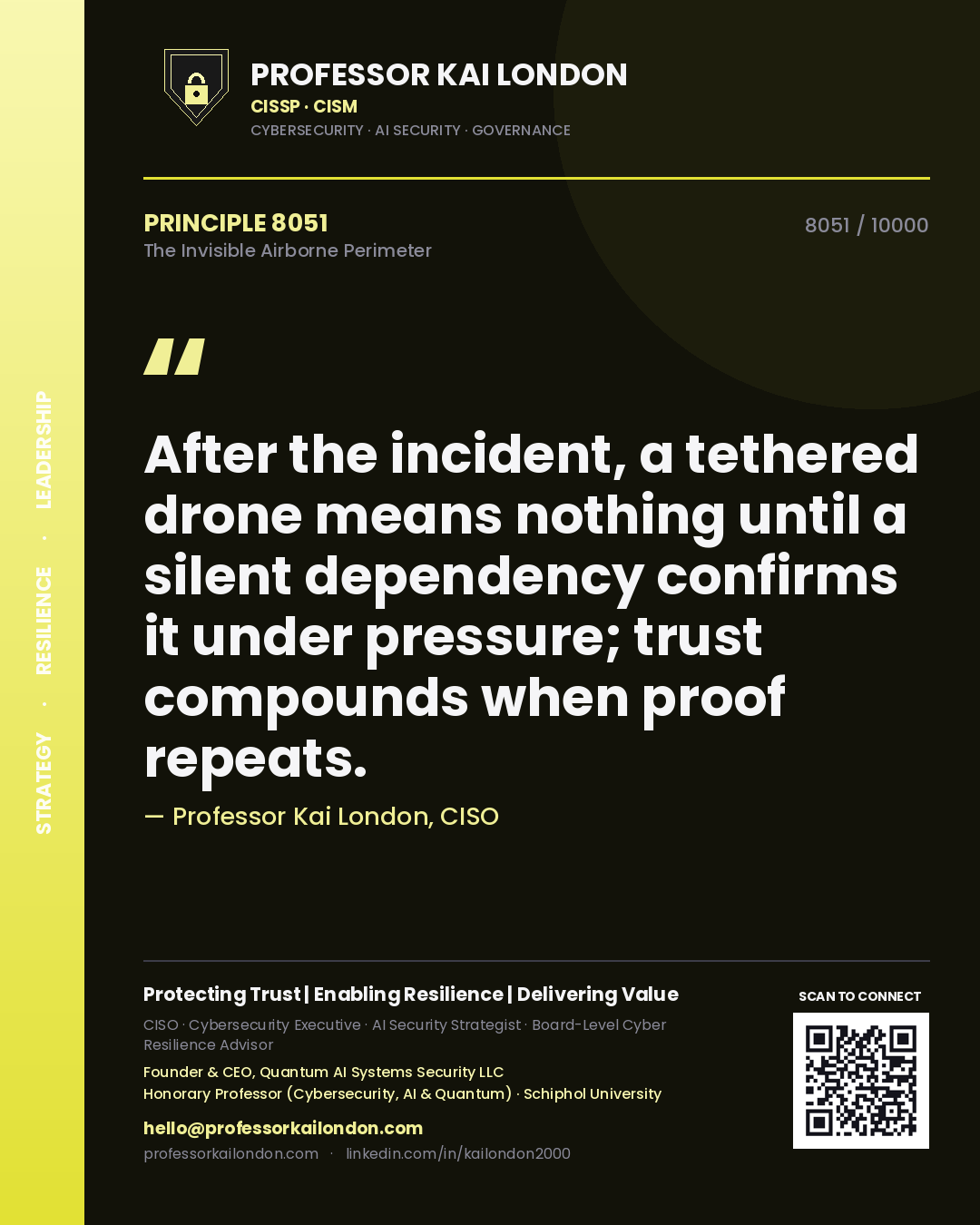 Professor Kai London principle 8051: After the incident, a tethered drone means nothing until a silent dependency confirms it under pressure; trust compounds when proof repeats.