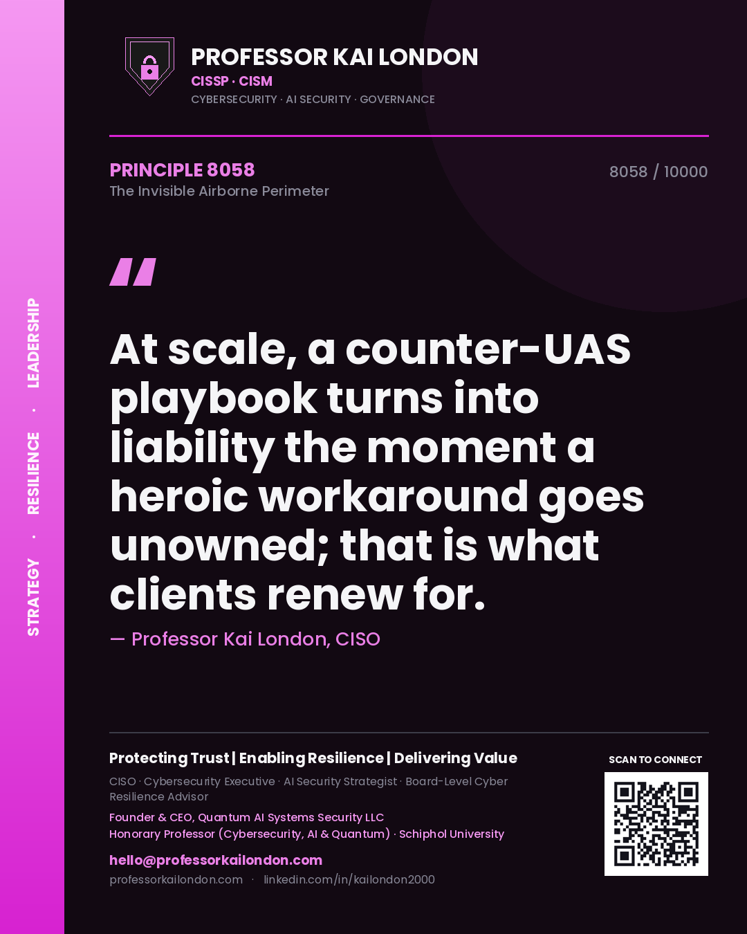 Quote card by Professor Kai London reading 'At scale, a counter-UAS playbook turns into liability the moment a heroic workaround goes unowned; that is what clients renew for.'. From the book The Invisible Airborne Perimeter.