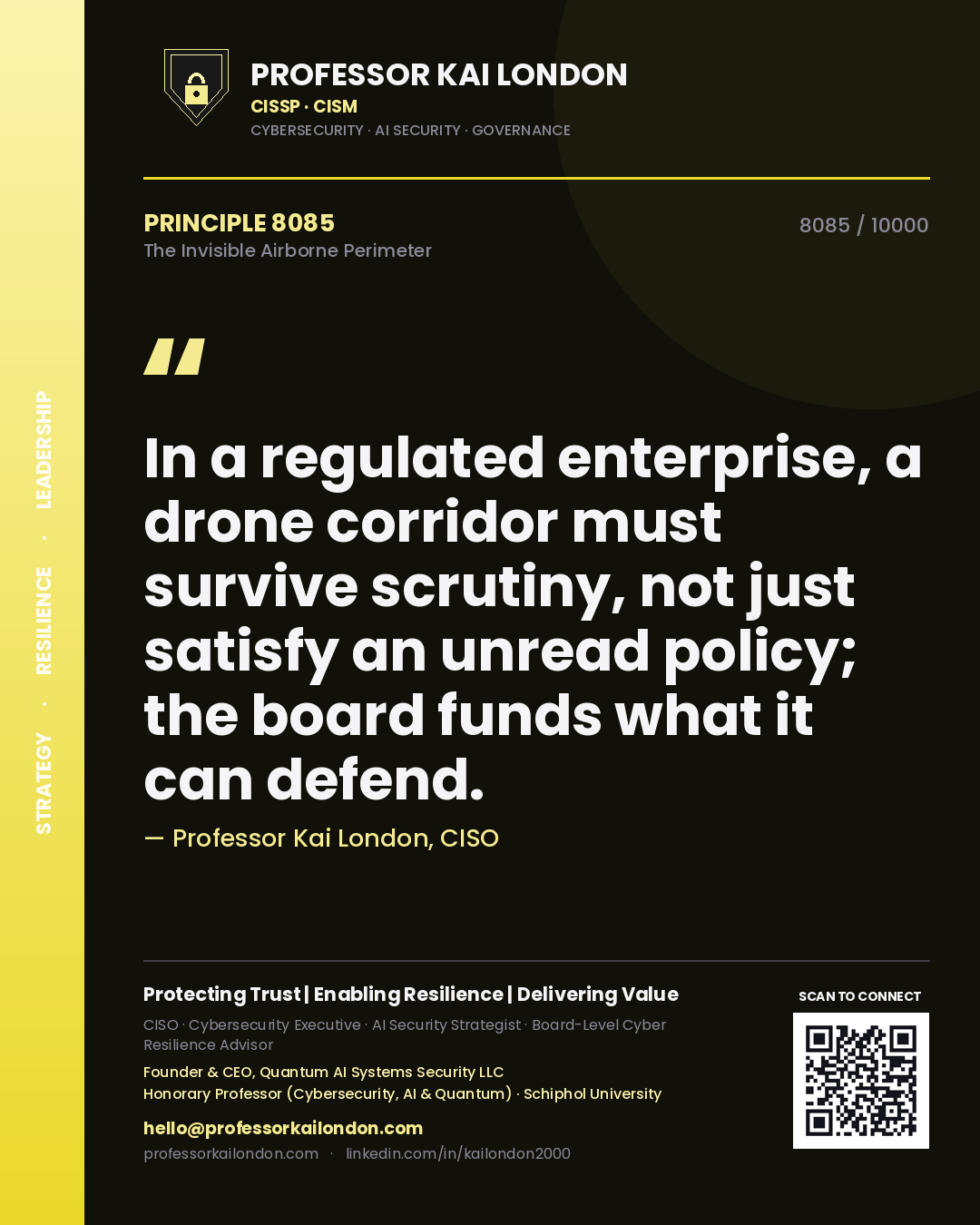 Quote card by Professor Kai London reading 'In a regulated enterprise, a drone corridor must survive scrutiny, not just satisfy an unread policy; the board funds what it can defend.'. From the book The Invisible Airborne Perimeter.