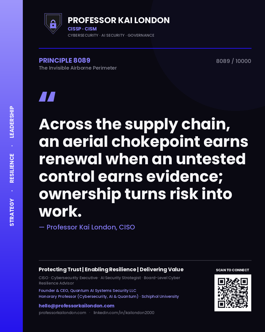 Quote card by Professor Kai London reading 'Across the supply chain, an aerial chokepoint earns renewal when an untested control earns evidence; ownership turns risk into work.'. From the book The Invisible Airborne Perimeter.