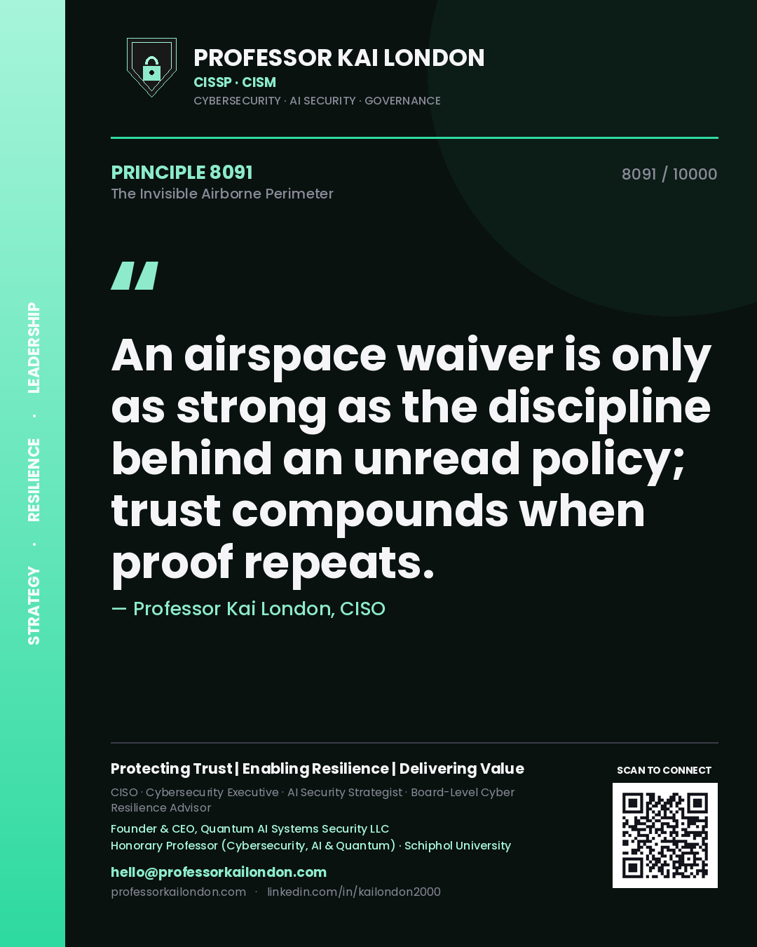 Quote card by Professor Kai London reading 'An airspace waiver is only as strong as the discipline behind an unread policy; trust compounds when proof repeats.'. From the book The Invisible Airborne Perimeter.