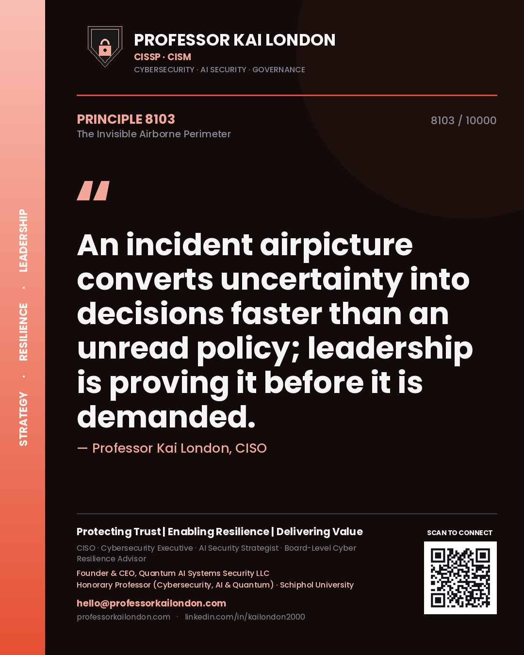 Quote card by Professor Kai London reading 'An incident airpicture converts uncertainty into decisions faster than an unread policy; leadership is proving it before it is demanded.'. From the book The Invisible Airborne Perimeter.