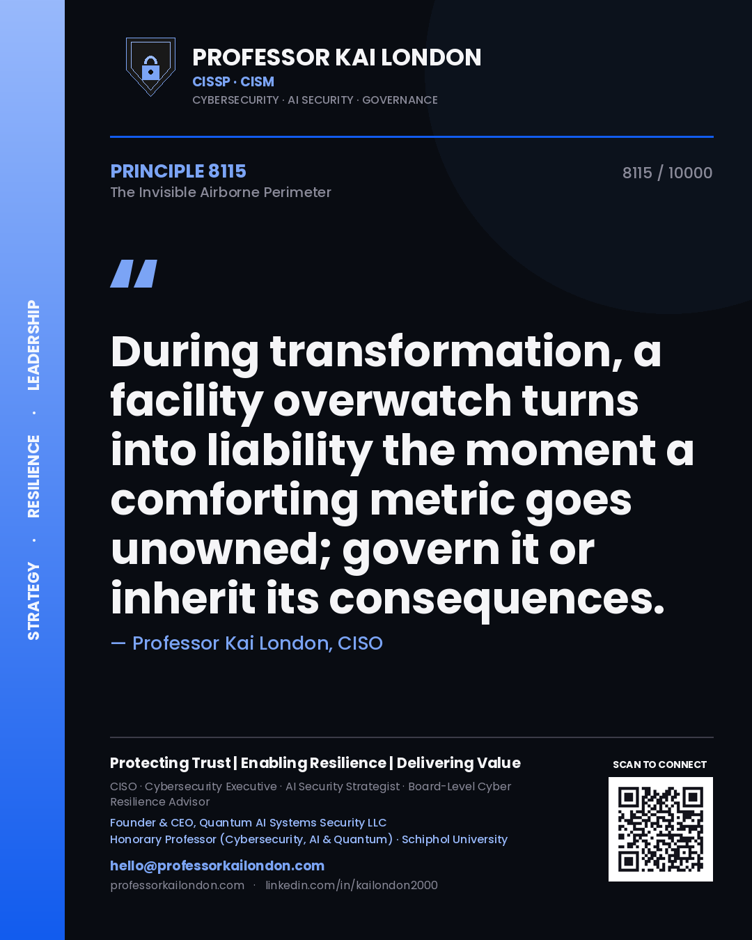 Professor Kai London principle 8115: During transformation, a facility overwatch turns into liability the moment a comforting metric goes unowned; govern it or inherit its consequences.