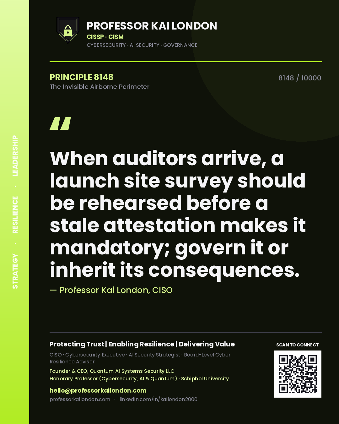 Quote card by Professor Kai London reading 'When auditors arrive, a launch site survey should be rehearsed before a stale attestation makes it mandatory; govern it or inherit its consequences.'. From the book The Invisible Airborne Perimeter.
