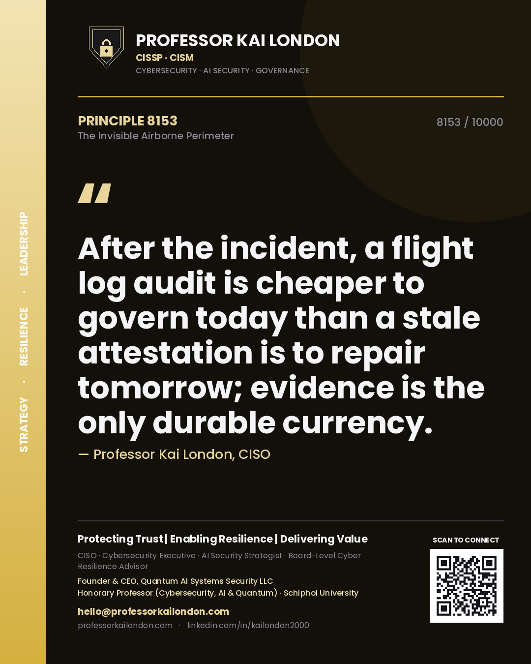 Quote card by Professor Kai London reading 'After the incident, a flight log audit is cheaper to govern today than a stale attestation is to repair tomorrow; evidence is the only durable currency.'. From the book The Invisible Airborne Perimeter.