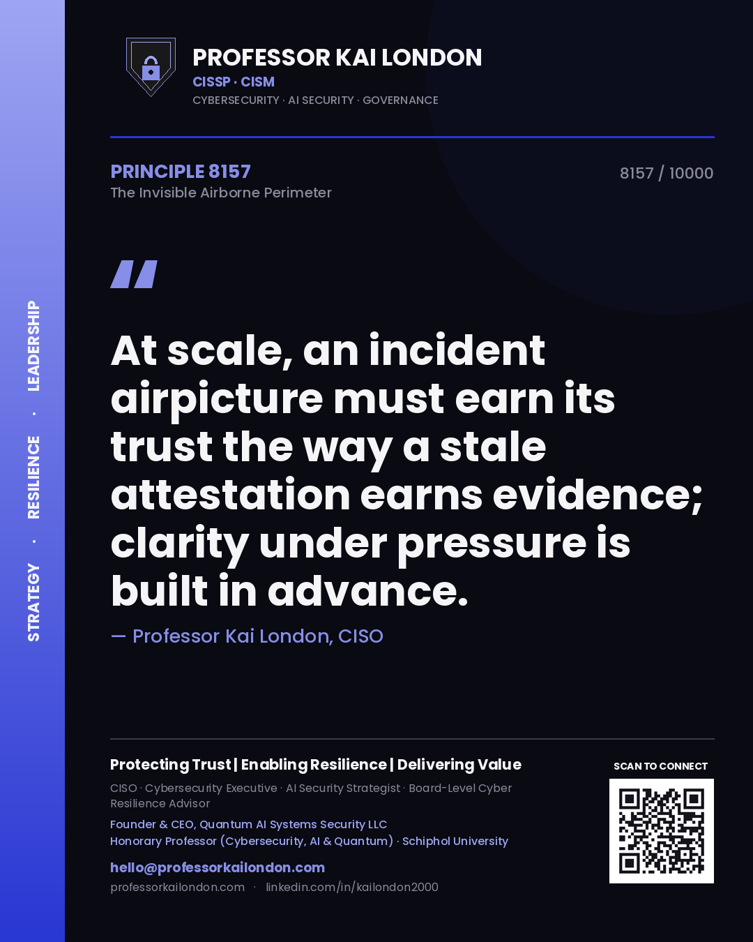 Quote card by Professor Kai London reading 'At scale, an incident airpicture must earn its trust the way a stale attestation earns evidence; clarity under pressure is built in advance.'. From the book The Invisible Airborne Perimeter.
