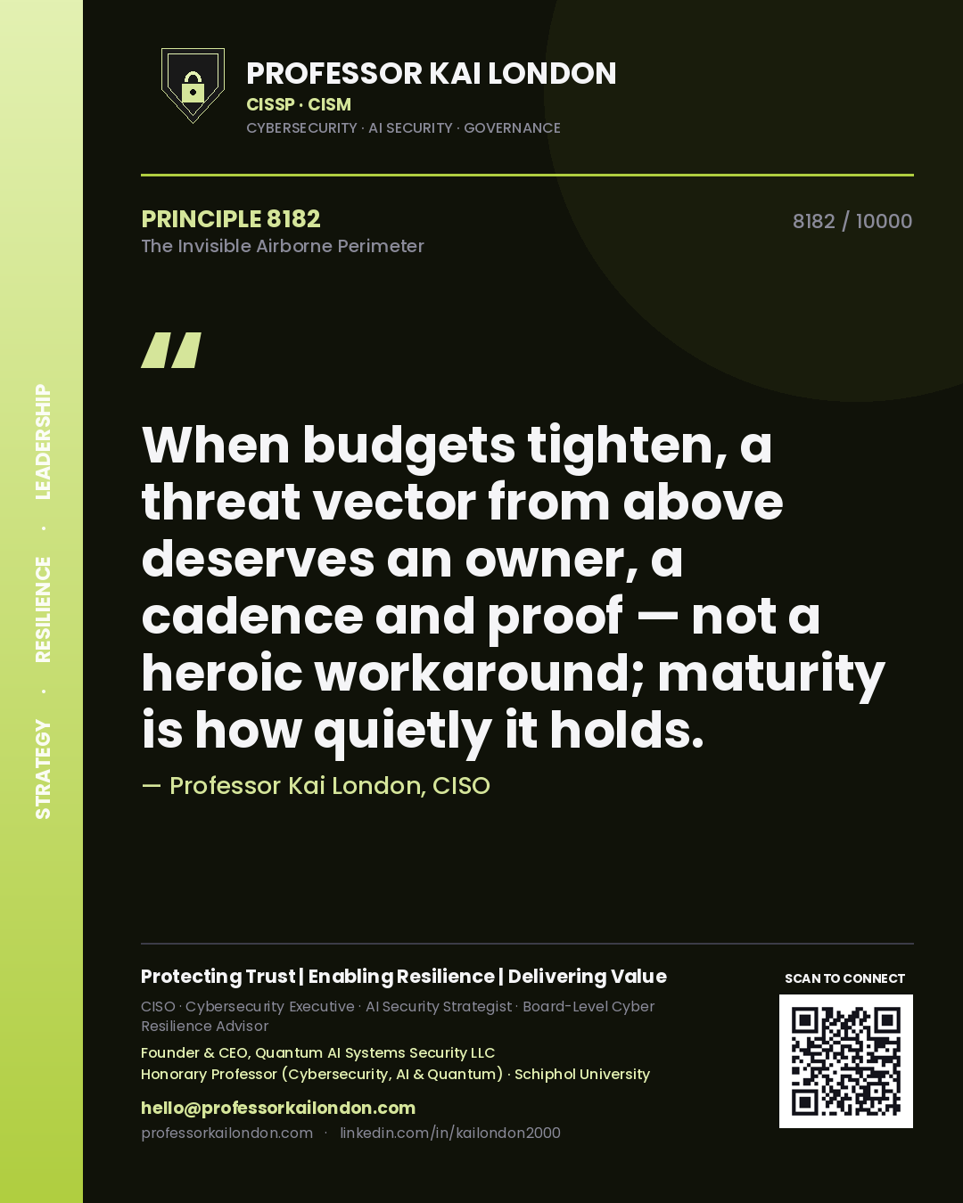 Professor Kai London principle 8182: When budgets tighten, a threat vector from above deserves an owner, a cadence and proof — not a heroic workaround; maturity is how quietly it holds.