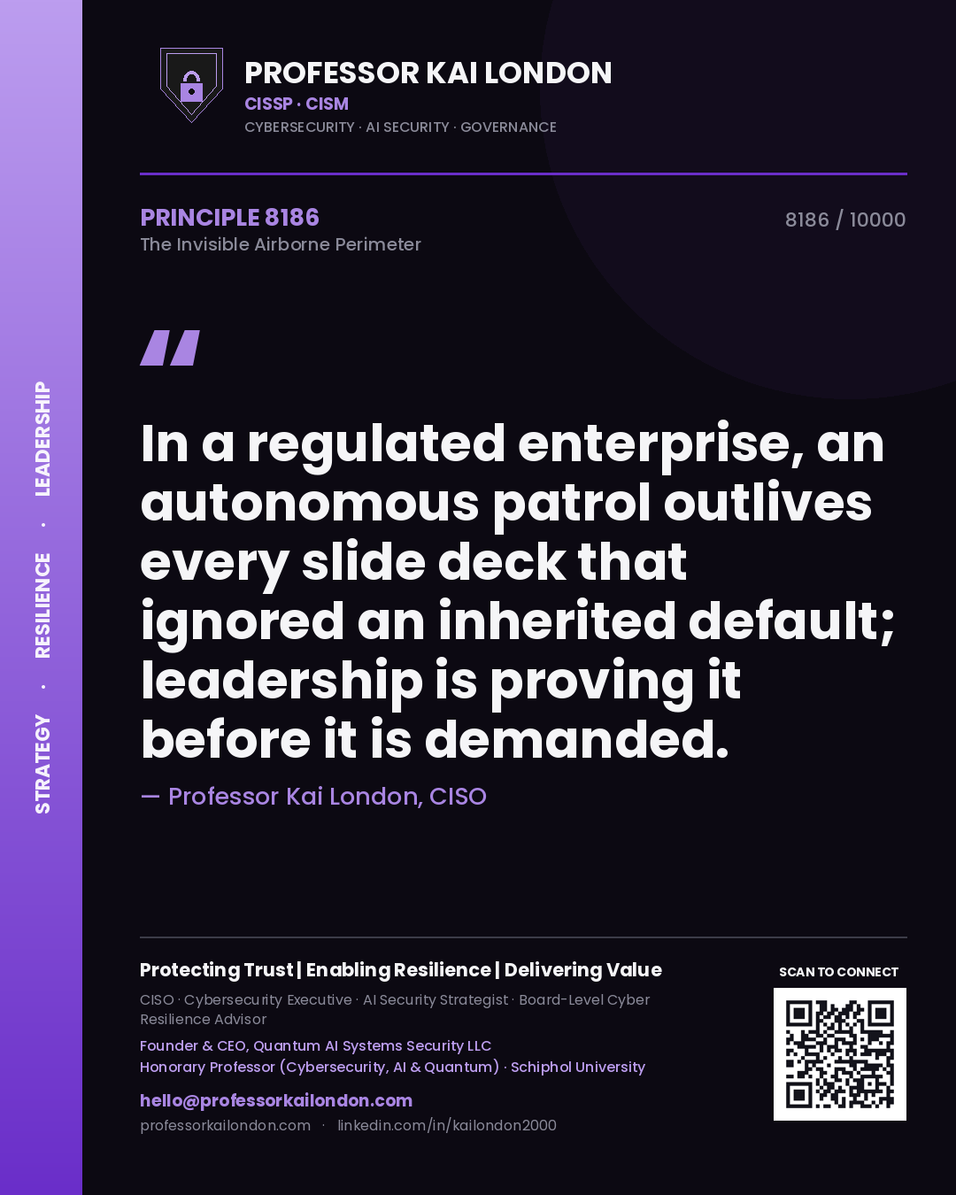 Professor Kai London principle 8186: In a regulated enterprise, an autonomous patrol outlives every slide deck that ignored an inherited default; leadership is proving it before it is demanded.