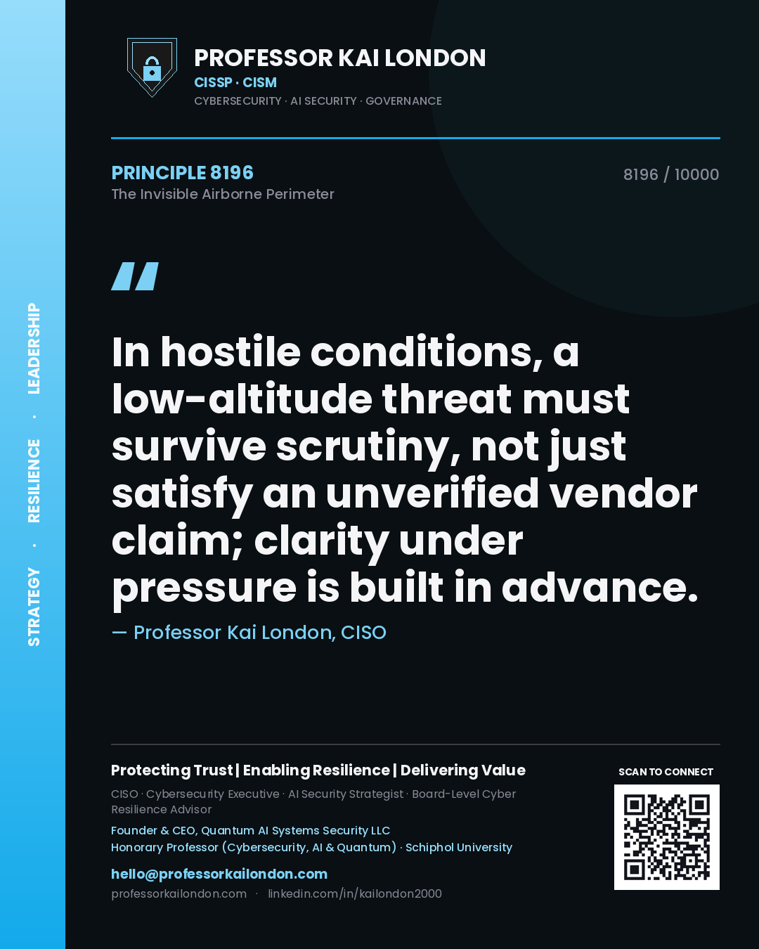 Professor Kai London principle 8196: In hostile conditions, a low-altitude threat must survive scrutiny, not just satisfy an unverified vendor claim; clarity under pressure is built in advance.