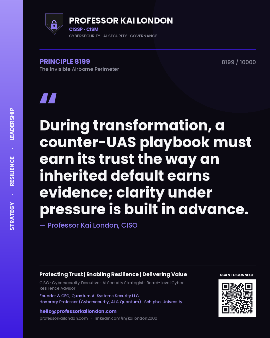 Professor Kai London principle 8199: During transformation, a counter-UAS playbook must earn its trust the way an inherited default earns evidence; clarity under pressure is built in advance.